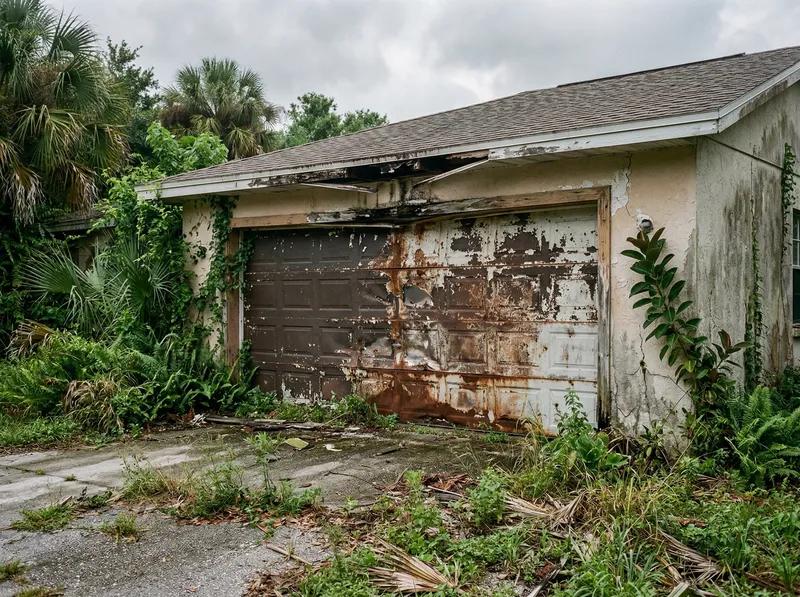 Old damaged garage door with rust and peeling paint before replacement