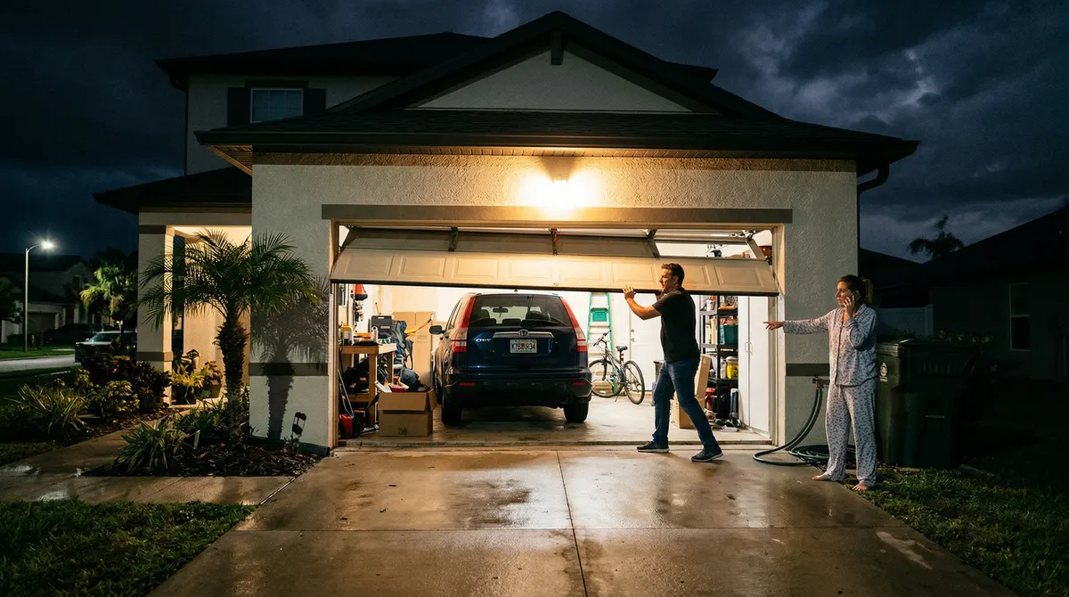 Garage door that has jumped off its track requiring professional repair