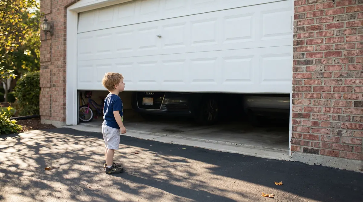 Family garage door safety showing proper sensor placement and safe operation