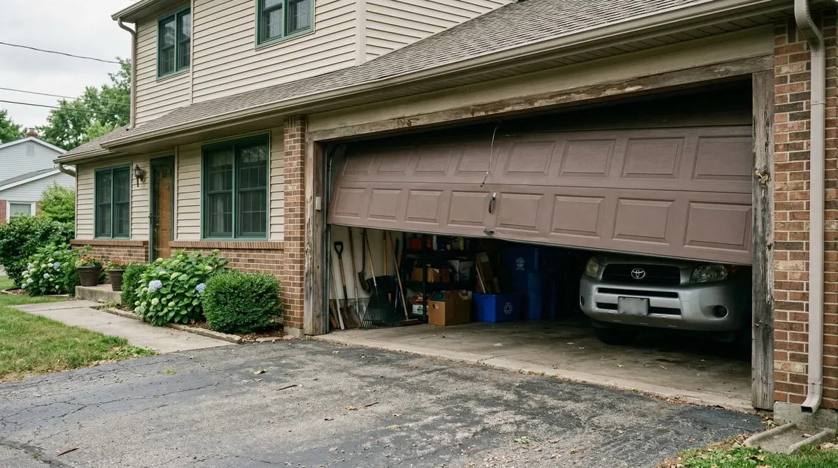 Garage door stuck in open position refusing to close due to sensor or mechanical issue