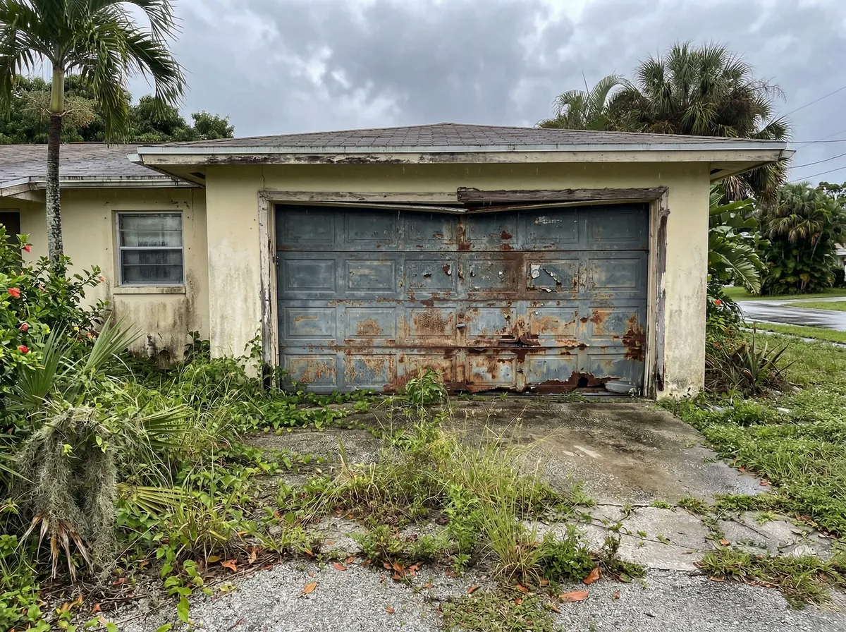 Aging garage door showing wear over years of Florida weather exposure