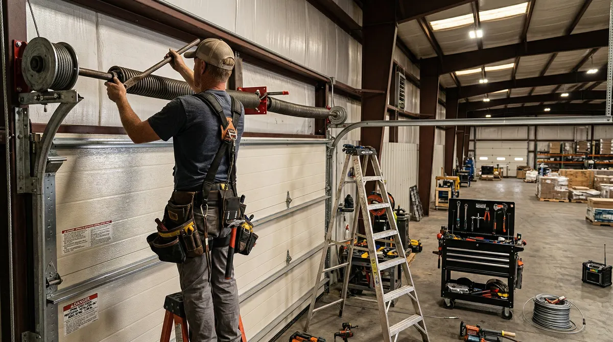 Technician performing routine garage door maintenance and lubrication