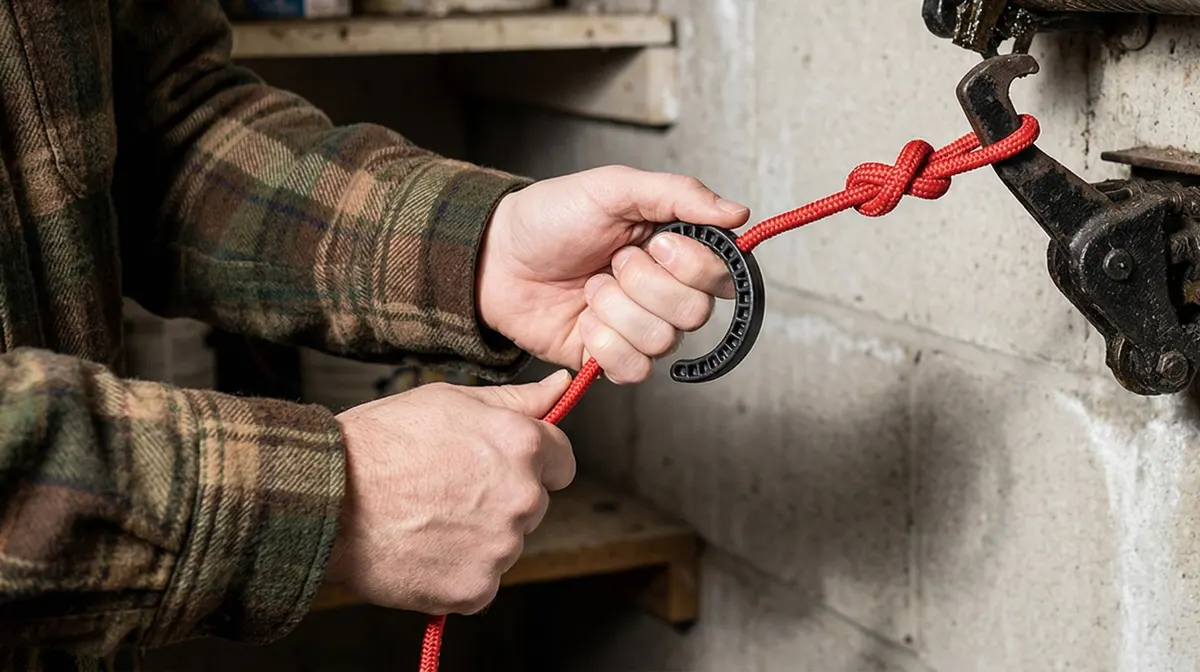 Emergency manual release cord on garage door opener for power outage access