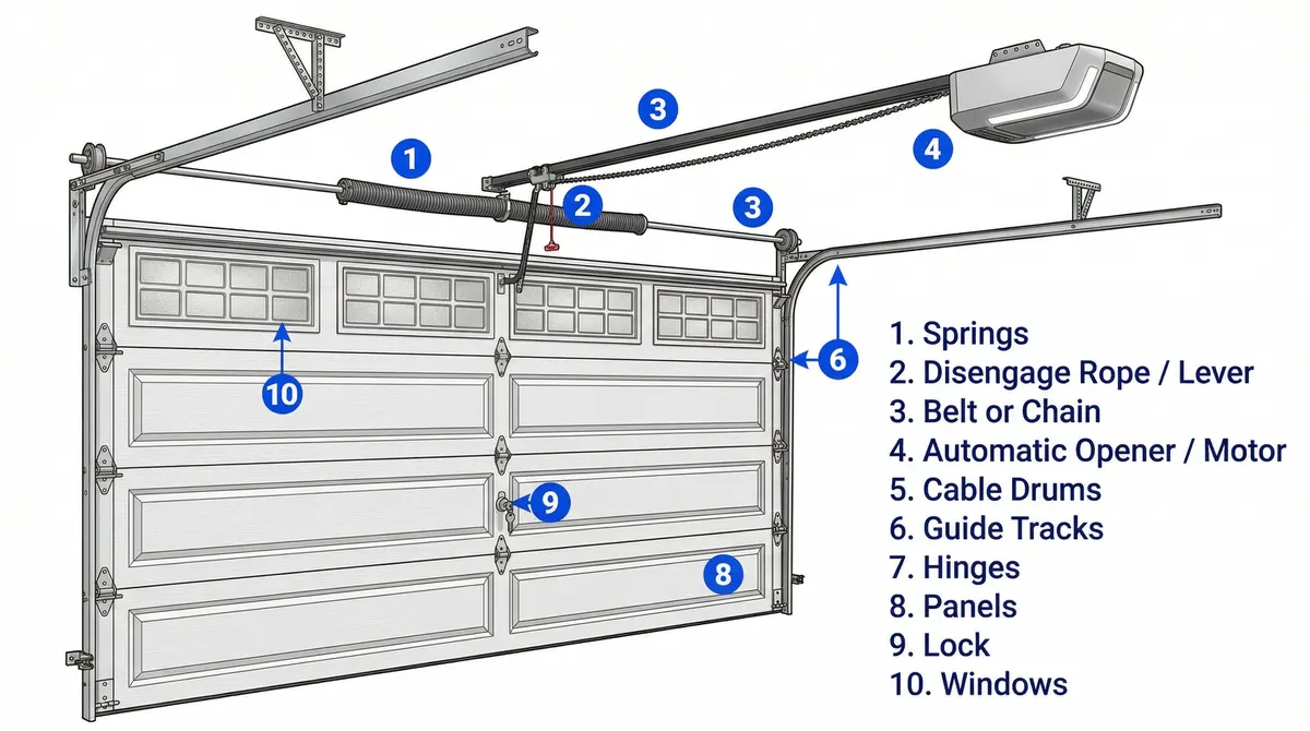 Labeled diagram showing all major parts of a residential garage door system
