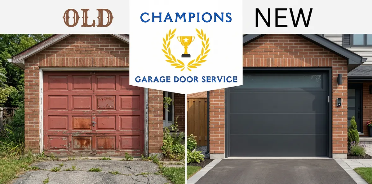 Old garage door next to new replacement door showing when to replace vs repair