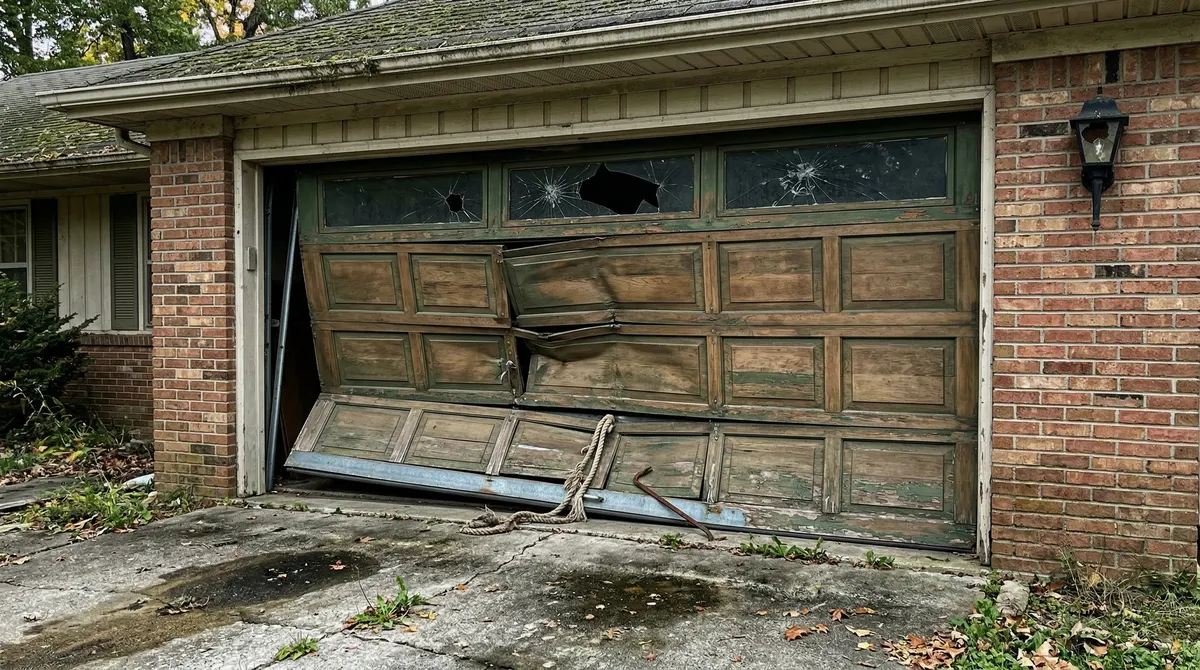 Visible signs of garage door damage indicating professional repair needed