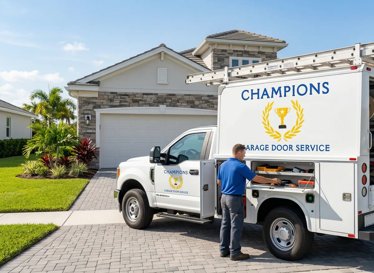 Champions Garage Door Service truck with technician preparing tools at Florida home