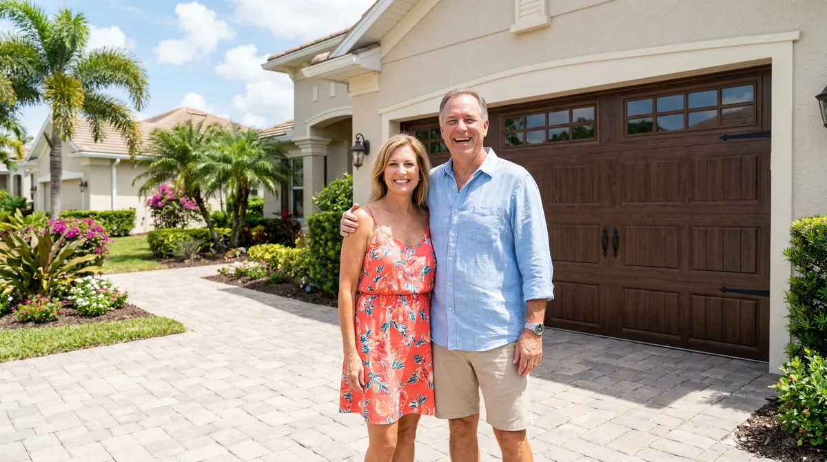 Happy Florida homeowners standing in front of their new garage door after Champions installation