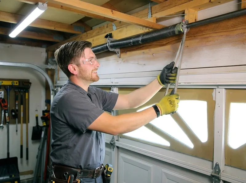 Professional technician replacing garage door torsion spring